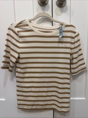 LOFT Cream and Tan Striped Short Sleeve Tee